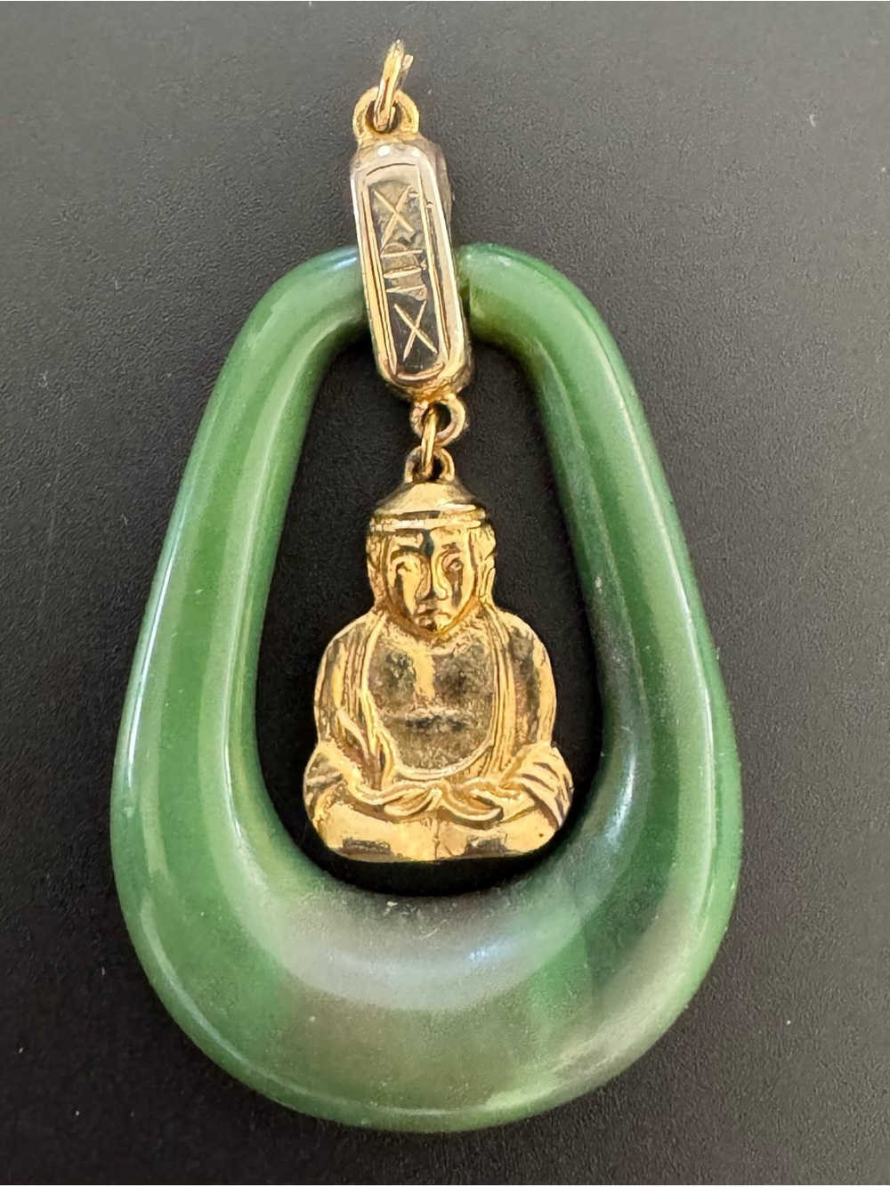 Vintage Gold Buddha Pendant Green Jade Frame Style Hoop Engraved Bale Necklace